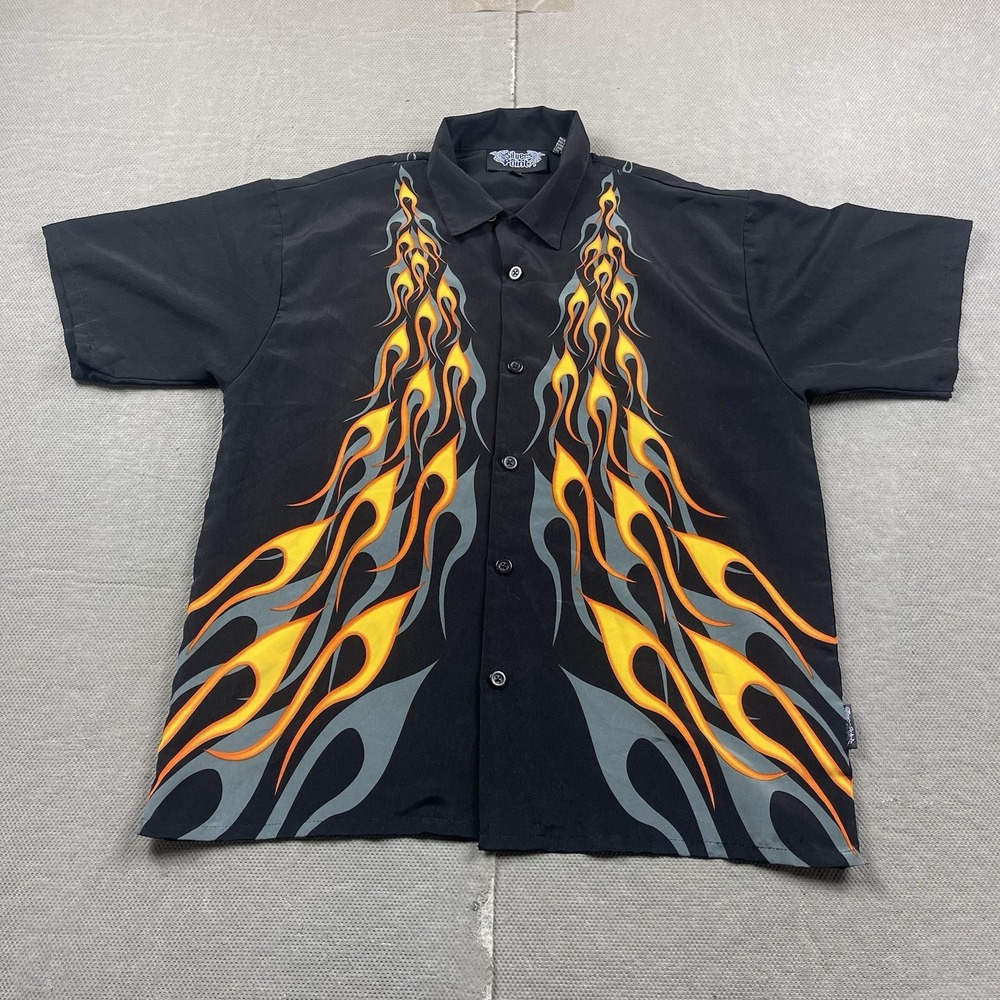 Vintage Silver Point Shirt Mens XL Black Tribal Flame Short Sleeve‎ Button Up